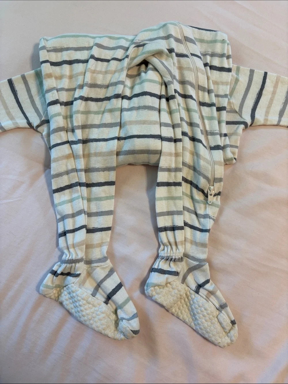 Striped Baby Footie One-Piece in Cream, Blue & Gray